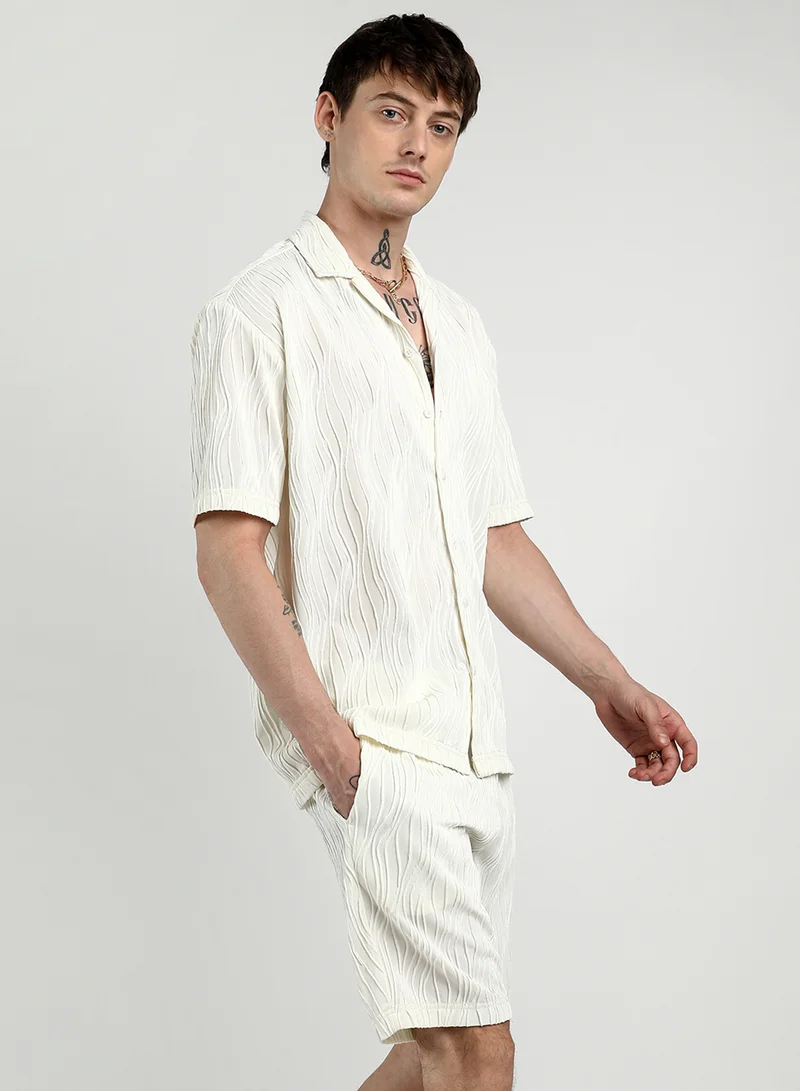 CAHOOT  Men's Ivory White Self-Design Wave Co-Ord Set For Casual Wear | Cuban Collar | Short Sleeve | Button Closure | Co-Ords Crafted With Comfort Fit For Everyday Wear for Men | Best Price UAE